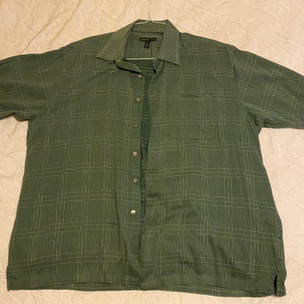 Green plaid button-down shirt